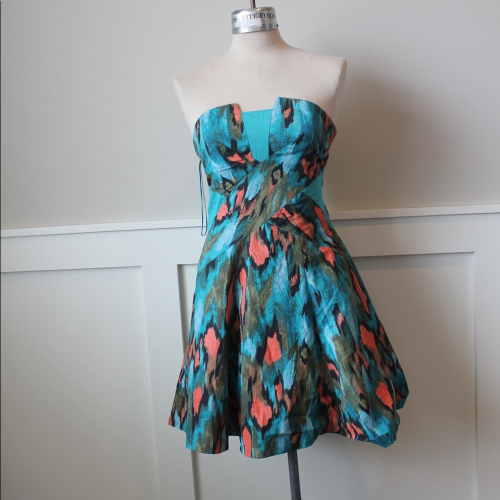 Anthro teal and orange strapless dress